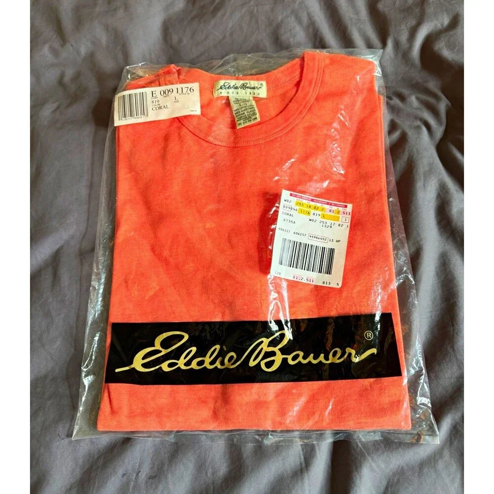 Vintage Eddie Bauer Womens L Tall Coral Cotton Crewneck T Shirt Deadstock NOS
